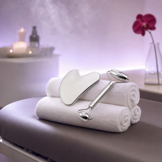 Silver facial roller and gua sha on white towels in spa setting with orchid and candles