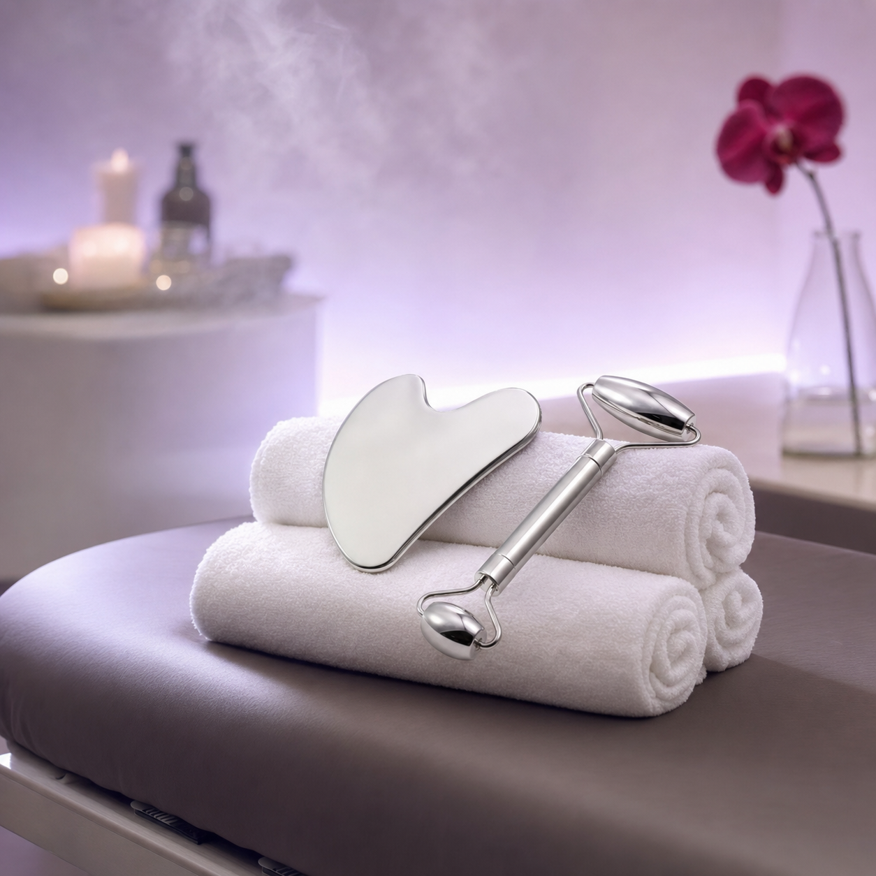 Silver facial roller and gua sha on white towels in spa setting with orchid and candles
